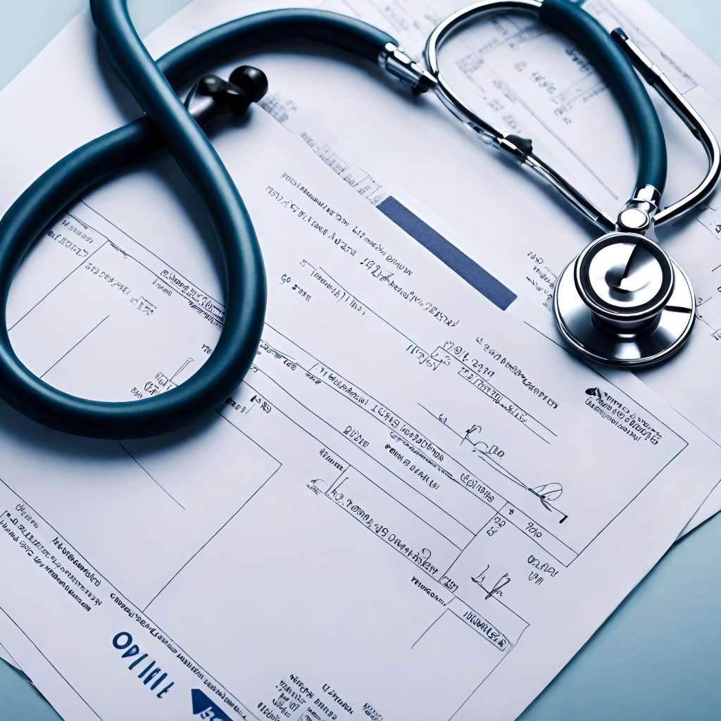 A stethoscope next to a medical invoice