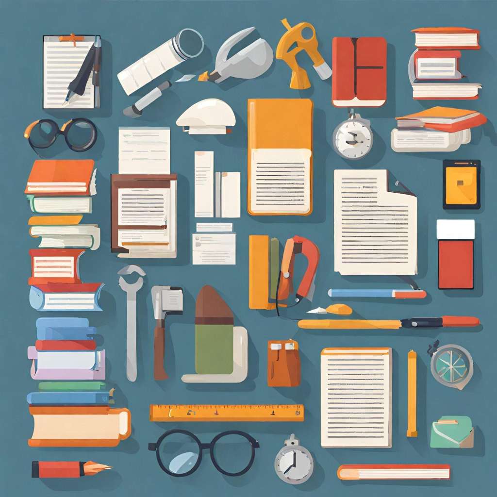 Various resource icons, including books, tools, and documents.