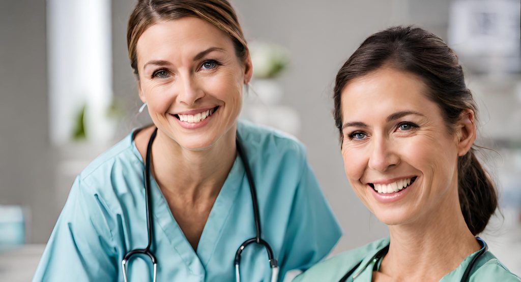 "Healthcare professionals with genuine smiles, creating a positive atmosphere for improved patient satisfaction."