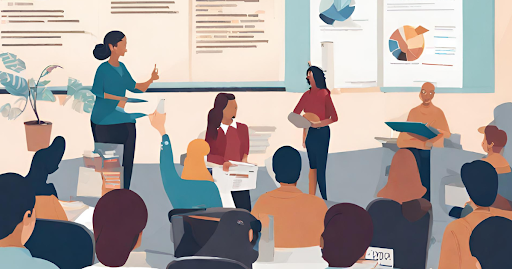 (Image of staff engaged in continuous education on policy changes.)
