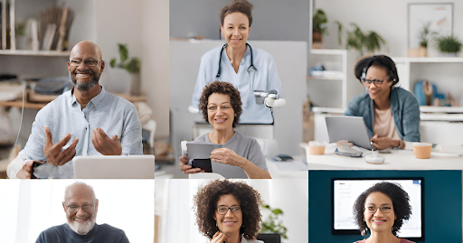 (Images showing individuals participating in virtual therapy sessions via telecommunication devices, highlighting the convenience and accessibility of telehealth.)
