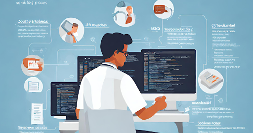 (Medical coder working on a computer with coding manuals and guidelines.)