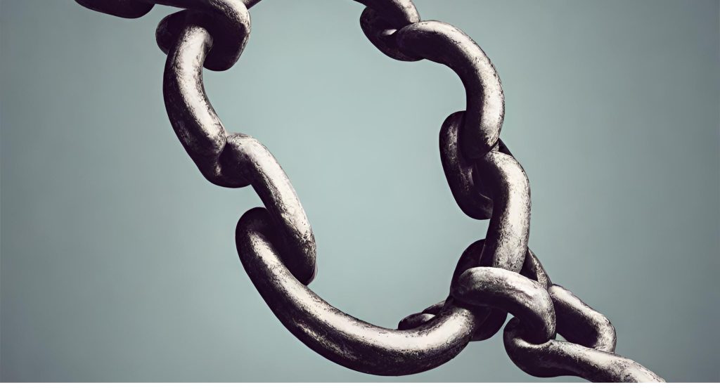 "Workflow Disruptions - Symbolic Broken Chain in Payment Posting" "Visual of a broken chain symbolizing disruptions and breakdowns in the payment posting workflow."