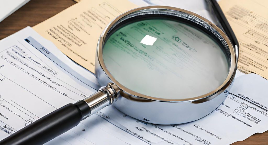 "Detail-oriented Inspection - Magnifying Glass in Regular Audits and Compliance Checks" "Close-up of a magnifying glass inspecting documents, symbolizing the attention to detail in regular audits and compliance checks."