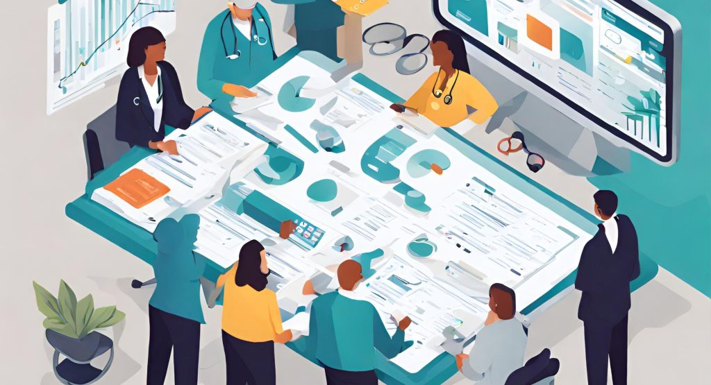 "Team Collaboration on Outpatient Services Billing Process" "Visual representation of a team collaborating on medical billing for outpatient services, showcasing teamwork and efficiency."