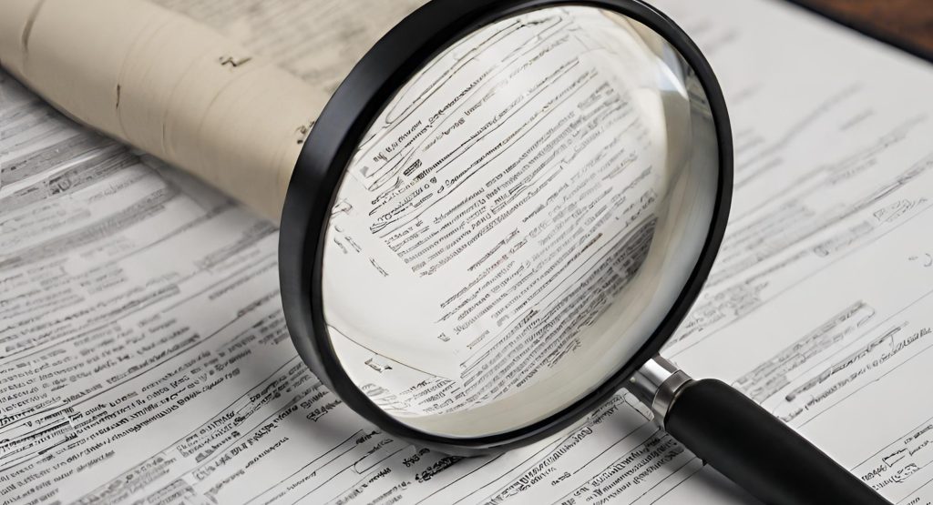 "Zooming In - Highlighting Accuracy with a Magnifying Glass in Documentation" "Magnifying glass zooming in on a section of documentation, emphasizing the need for close attention to detail and accuracy."