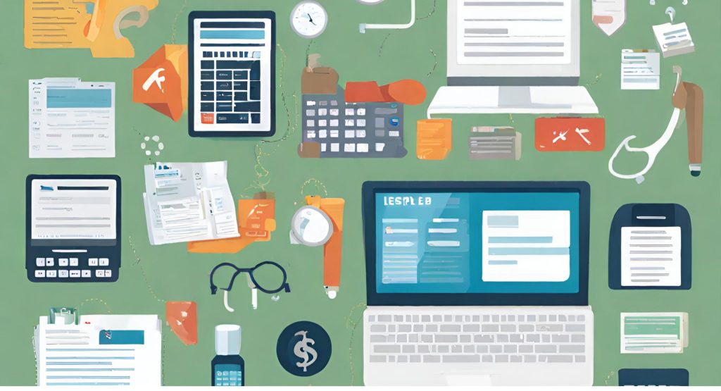 "Collage featuring invoices, coding symbols, and payment processes in a small medical practice setting."