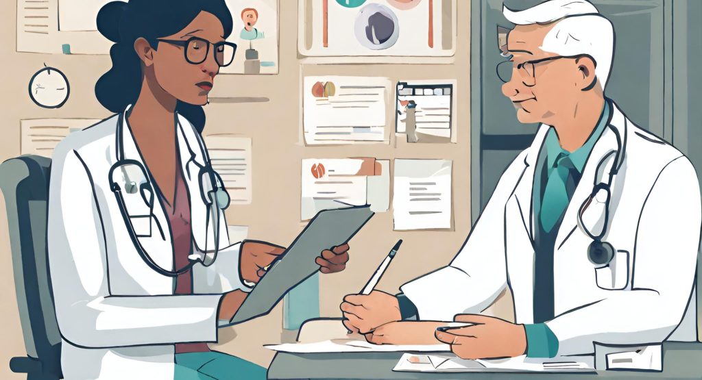 "Healthcare professional transparently communicating billing information to a patient."