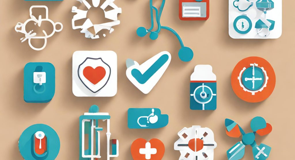 "Collage of gears, arrows, and healthcare icons symbolizing simple steps to improve healthcare accessibility."