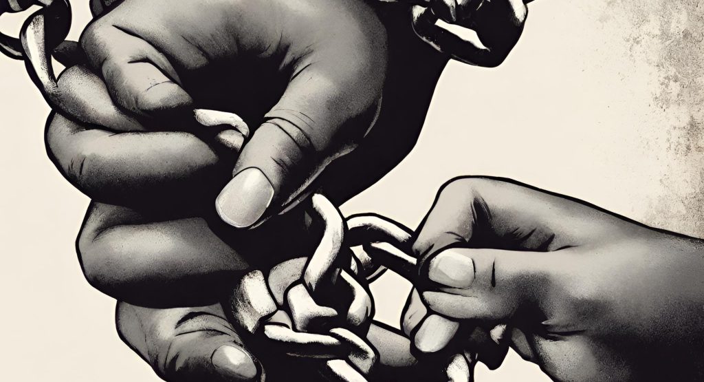 "Hands breaking chains, portraying empowerment and the desire to break free from discriminatory shackles."