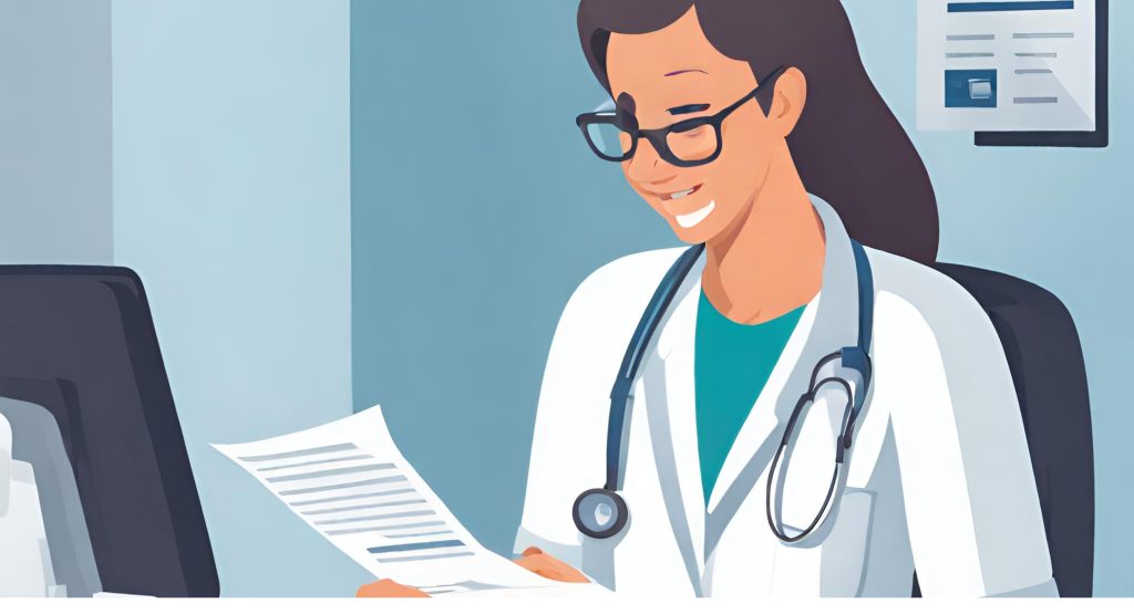 "Podiatrist reviewing billing documents, emphasizing accuracy and thoroughness in medical billing."