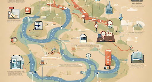 ("Visual representation of a navigational map with markers symbolizing regulatory checkpoints.")
