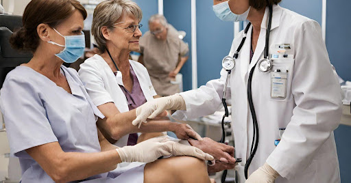 ("Doctors and nurses performing cancer screenings.")