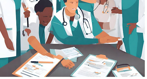 ("Diverse team of medical billing and clinical documentation professionals collaborating, symbolizing unity in achieving improvement.")