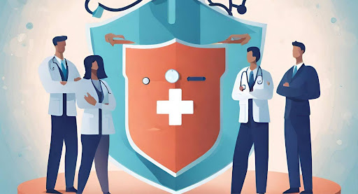 ("Illustration of a healthcare practice surrounded by a protective shield, symbolizing the safeguarding of the business through supplemental health insurance.")