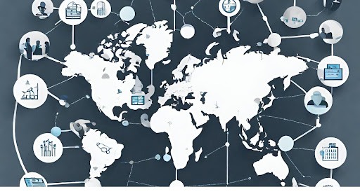("World map with icons representing diverse outsourcing locations, illustrating global outsourcing options.")