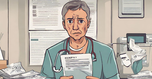 ("Concerned person holding multiple unpaid medical bills, representing the financial burden of self-pay.")