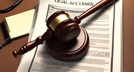 ("Legal documents and a gavel symbolizing the legal implications of compliance in a professional setting.")