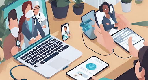 ("Patient having a teleconsultation with a healthcare professional via video call.")
