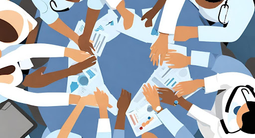 (Diverse group of healthcare professionals collaborating on medical billing tasks.)