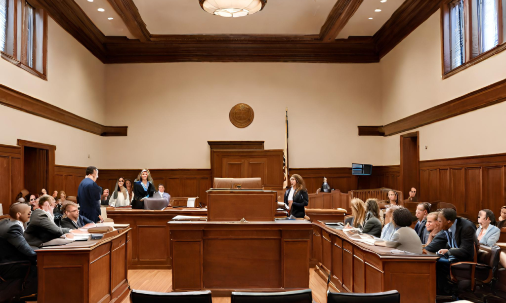  A courtroom setting with legal professionals
