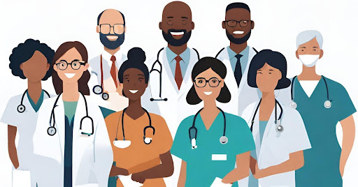 ("Diverse healthcare professionals working together in a collaborative team, symbolizing the teamwork in ACOs.")