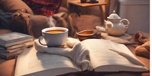 ("Cozy scene with a warm blanket, a cup of tea, and a book, creating a relaxing atmosphere.")