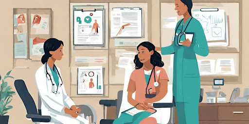 ("Patient-Centered Care: Professionals Engaging with Patients for Personalized Attention") ("Healthcare professionals engaging with patients in a patient-centered care setting, emphasizing personalized attention.")