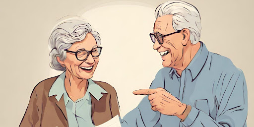 ("Smiling elderly couple discussing and planning for their future healthcare needs.")