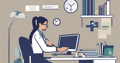 (A Medical Billing Specialist focused on their desk, working with a computer and paperwork)
