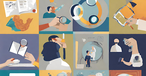 (Collage of images representing essential skills, including a magnifying glass for attention to detail, a thinking brain for analytical thinking, and hands shaking for communication.)