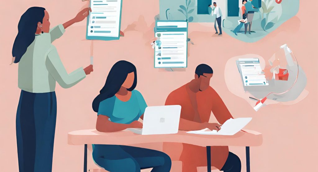 ("Image of individuals signing up for health insurance during Affordable Care Act enrollment period, with healthcare navigators assisting.")