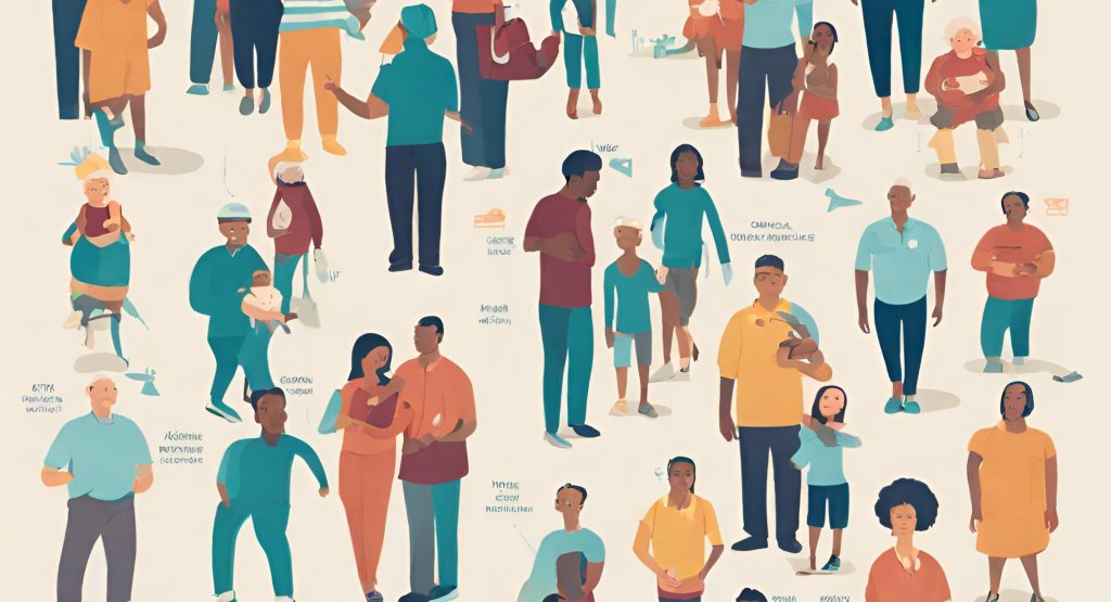 ("Image of diverse individuals with annotations indicating changes in insurance status pre and post-ACA")