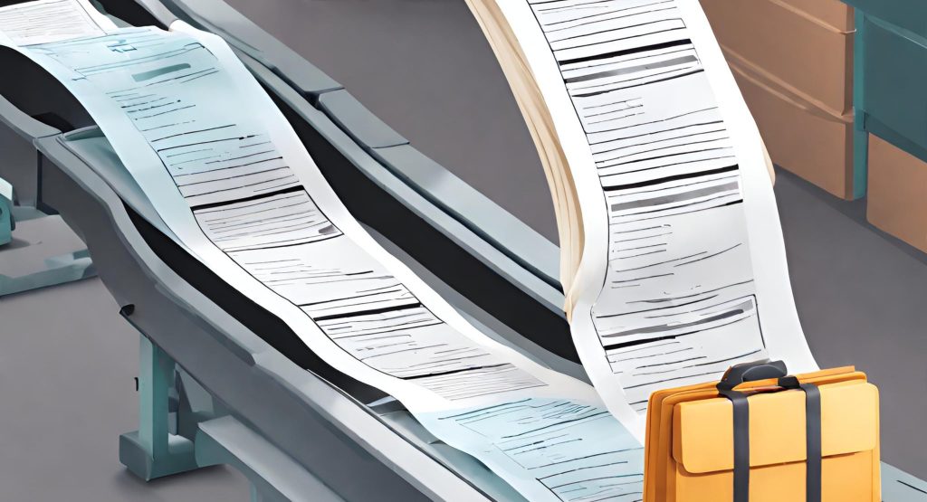 ("Conveyor belt with medical claim documents moving swiftly, symbolizing efficient claim processing.")