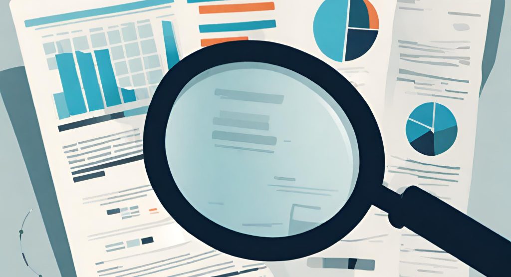 ("Magnifying glass analyzing financial data, symbolizing fraud detection and prevention.")