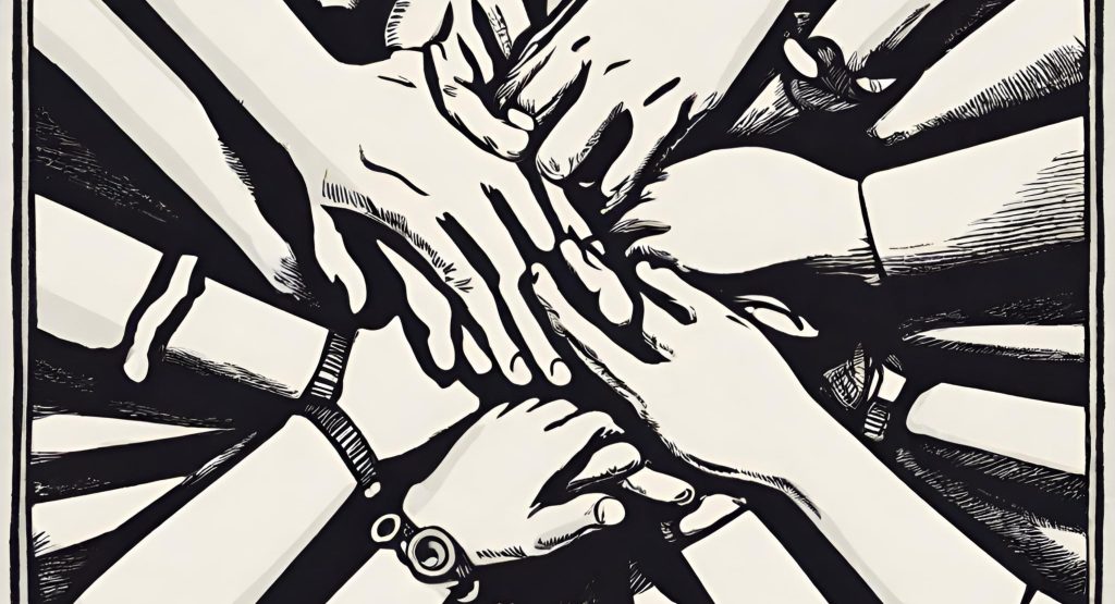 ("Hands clasped together in solidarity, symbolizing patient advocacy and support.")