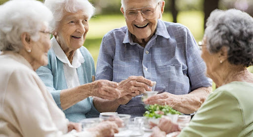("Active participation of seniors in a community event, fostering social connections.") ("Seniors participating in a community event, socializing and engaging in activities.")