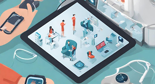 ("An individual using remote monitoring devices like wearables for telehealth solutions.") ("Visual of a person using remote monitoring devices like wearables for telehealth solutions.")