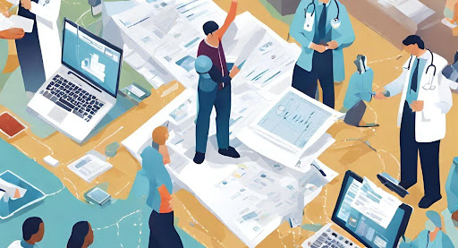 ("Healthcare professionals and billing specialists collaborating, emphasizing teamwork in navigating billing system integration during mergers.")