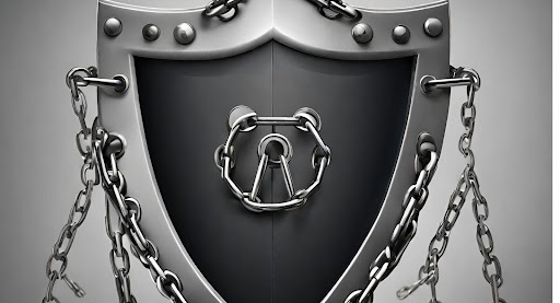("Protection Shield Against Fraud and Compliance Breaches") ("A shield with locks and chains symbolizing protection and security measures against fraud and compliance breaches.")