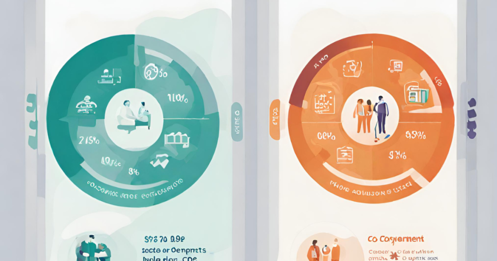Visual graphics explaining the difference between co-payments and co-insurance, using symbols or icons to represent fixed amounts and percentages