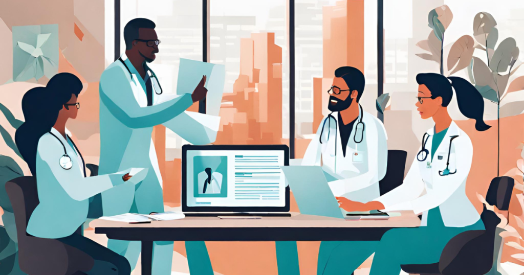 Healthcare providers and billing professionals collaborating in a modern office environment, symbolizing teamwork in effective medical billing.
