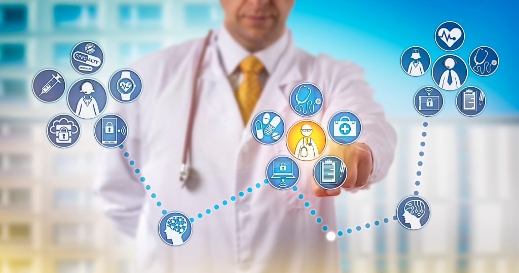 ("Smiling doctor in scrubs holding up medical credentials against a telemedicine background.")