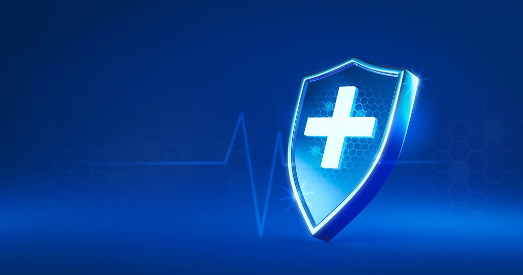 "Image of a shield representing protection against health insurance fraud prevention." An image of a shield symbolizing protection and defense against health insurance fraud.