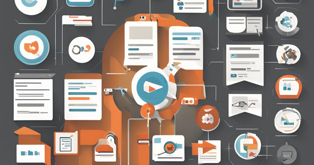 "Flowchart detailing the step-by-step process of conducting an SEO audit, including keyword research, content analysis, and technical checkup, with arrows and icons."