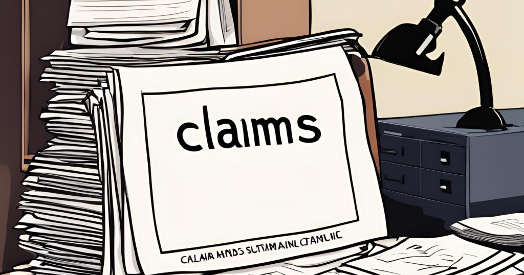  "Stack of paperwork labeled 'Claims Data' on a desk, symbolizing manual process of submitting claims data."