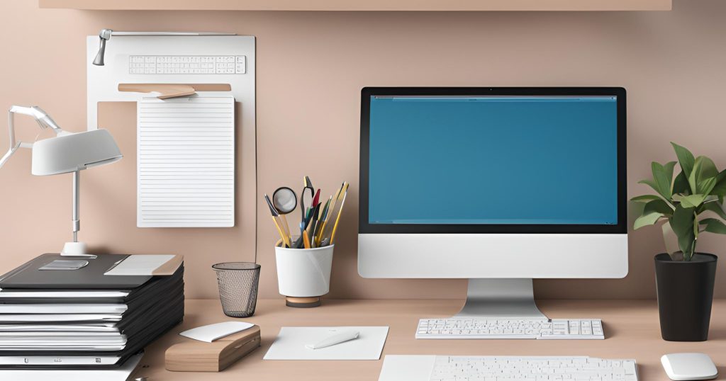 "Neatly arranged desk with organized files and clean computer screen" "A neatly arranged desk with organized files, a clean computer screen, and minimal clutter."