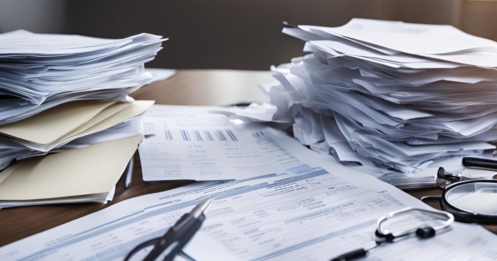 ("Desk overflowing with medical bills, insurance forms, and documents, representing the overwhelming paperwork in out-of-network billing.")