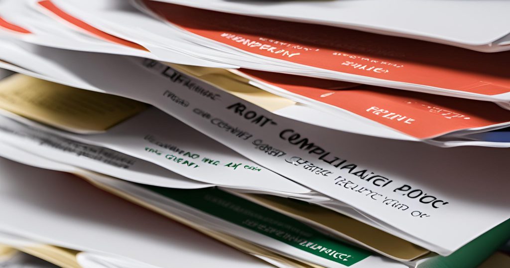 ("Documents and manuals labeled 'Compliance Policy' on a desk") ("Documents and manuals labeled 'Compliance Policy' on a desk.")
