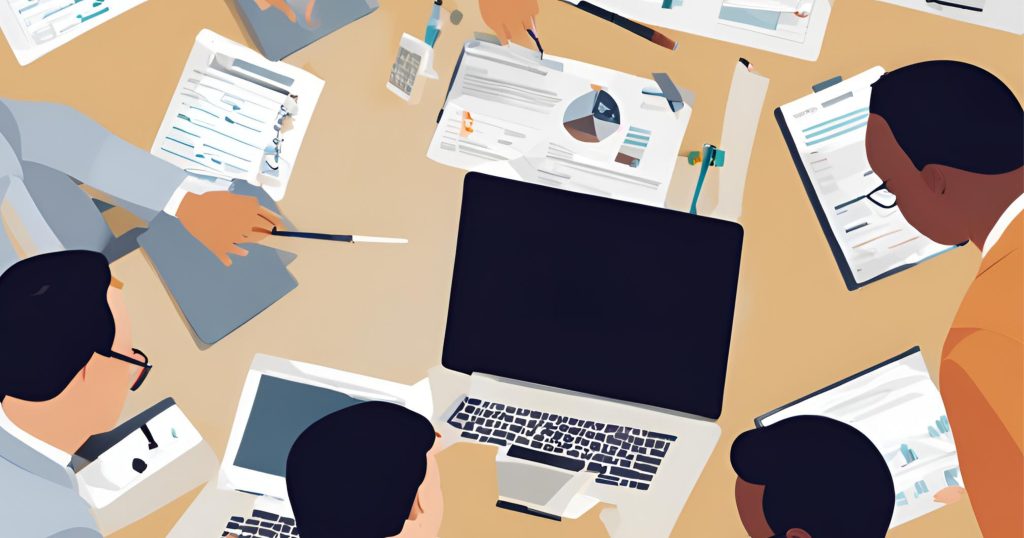 "A diverse team of professionals sitting around a table, engaged in discussion, possibly reviewing data on a screen."